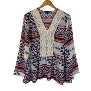 Signature Studio Tribal Blouse XL Sheer Geometric Multi Patterned Crochet Trim